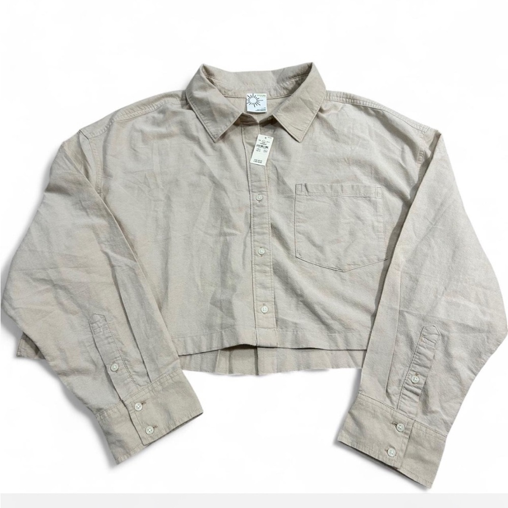 Offline by Aerie Tan Cropped Oversized Button-Up Shirt, NWT, Women’s Size Large